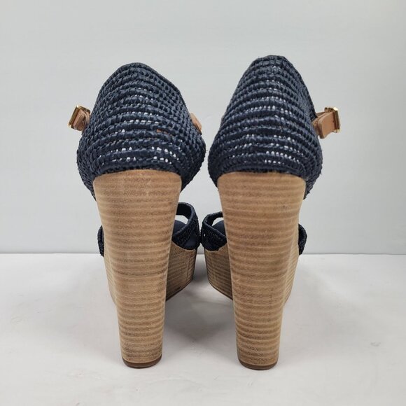 Tory Burch Carina Women's Navy Blue Straw Wedge Sandals 21138607 US Size 11M - Picture 4 of 10
